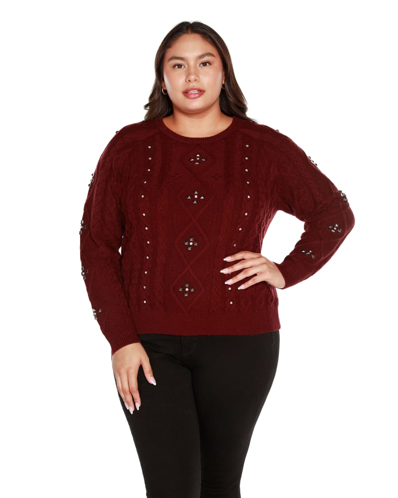 Front of a model wearing a size 1X Plus Size Embellished Cable Knit Sweater in Black Cherry by Belldini Black Label. | dia_product_style_image_id:319053